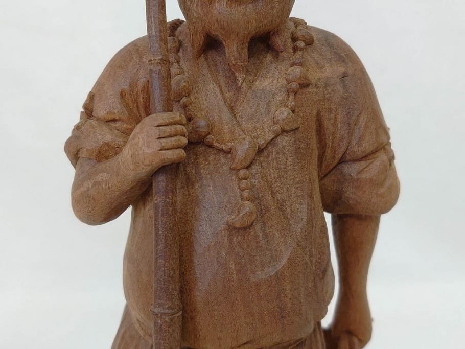 柳汀作　木彫り　高さ41.5cm　職人の技が光る恵比須像(恵比寿様、木製、在銘、作家物、置物、ディスプレイ、おきもの、共箱付き)(R-077914)
