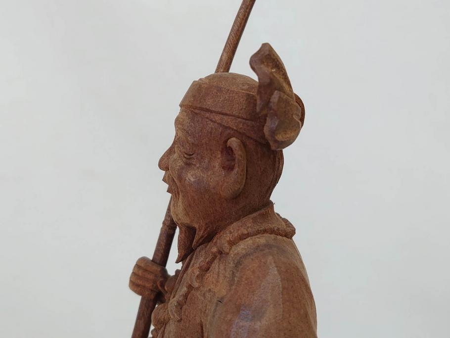柳汀作　木彫り　高さ41.5cm　職人の技が光る恵比須像(恵比寿様、木製、在銘、作家物、置物、ディスプレイ、おきもの、共箱付き)(R-077914)