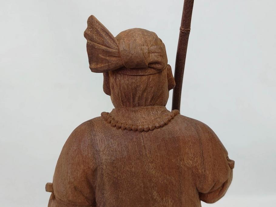柳汀作　木彫り　高さ41.5cm　職人の技が光る恵比須像(恵比寿様、木製、在銘、作家物、置物、ディスプレイ、おきもの、共箱付き)(R-077914)