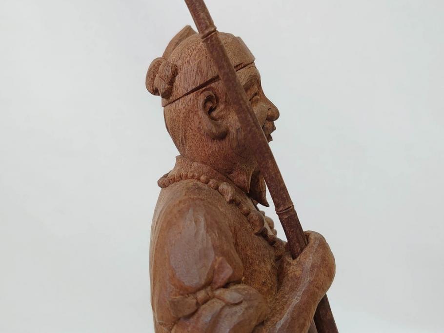 柳汀作　木彫り　高さ41.5cm　職人の技が光る恵比須像(恵比寿様、木製、在銘、作家物、置物、ディスプレイ、おきもの、共箱付き)(R-077914)