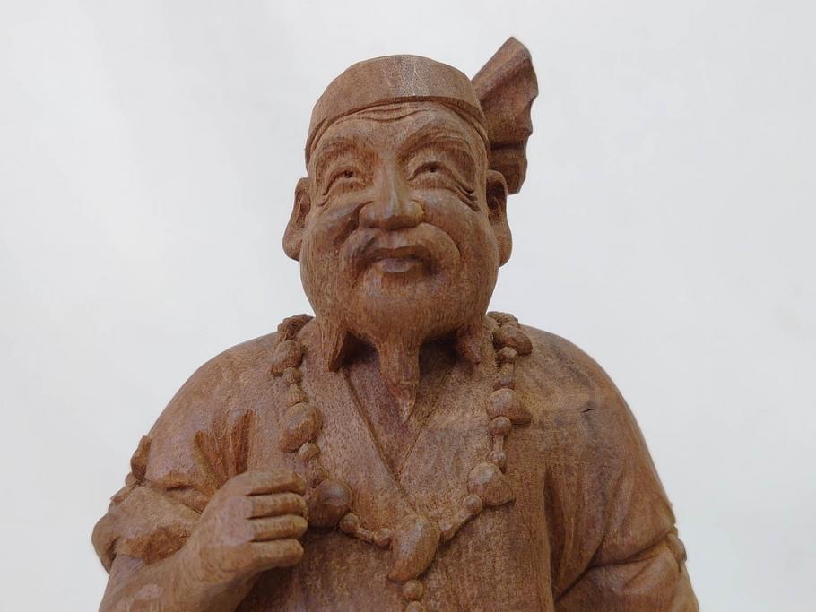 柳汀作　木彫り　高さ41.5cm　職人の技が光る恵比須像(恵比寿様、木製、在銘、作家物、置物、ディスプレイ、おきもの、共箱付き)(R-077914)