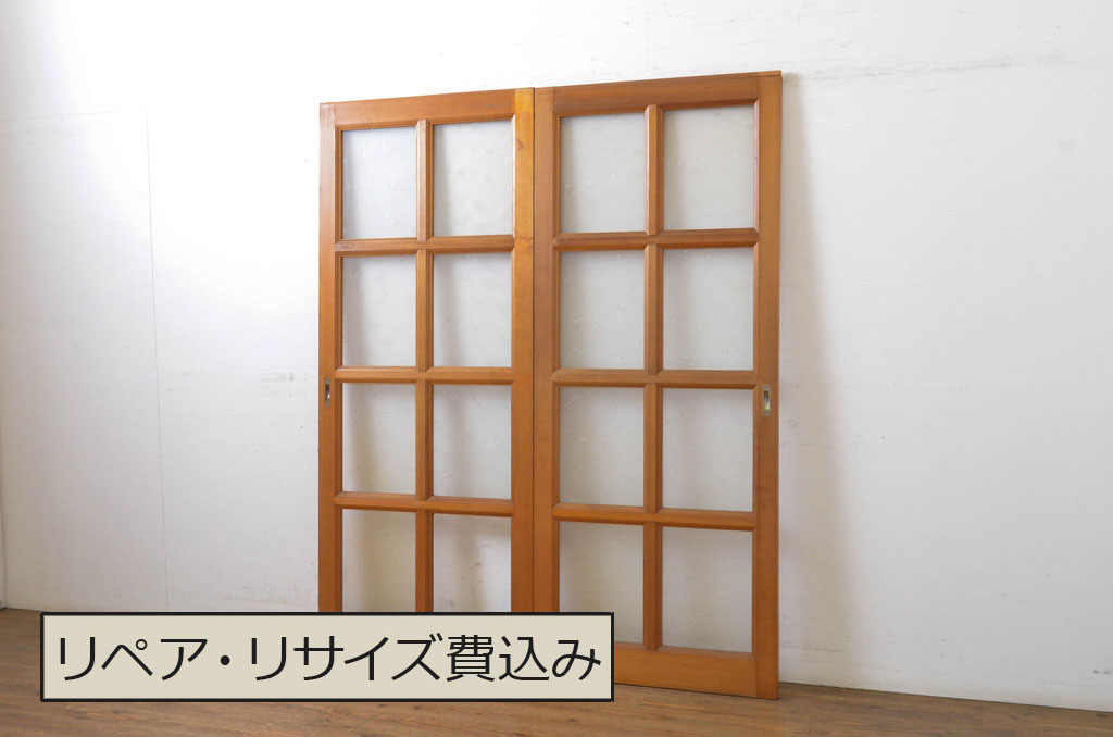昭和レトロ　ヒノキ(檜)材　昭和の懐かしい雰囲気のあるレトロなガラス戸2枚セット(建具、引き戸)(R-063588)