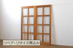 アンティーク建具　経年を感じる風合いが魅力のモールガラス入りガラス戸2枚セット(引き戸、建具)(R-063013)