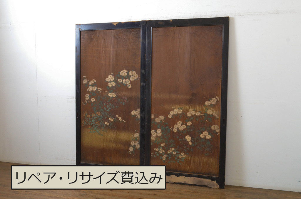 アンティーク建具　客間におすすめ!お部屋が華やかになる絵入り板戸2枚セット(板絵戸、引き戸)(R-063594)