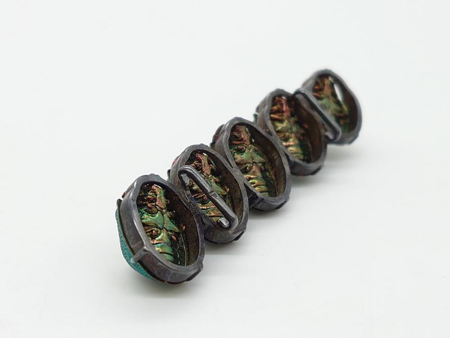 珍品　希少　セミアンティーク　三越　黄金虫(こがねむし)　5連　非常に珍しい縁起物の黄金虫が精巧にデザインされた帯留め(金属製、帯締め、着物道具、和装小物、アクセサリー、ケース付き)(R-062514)
