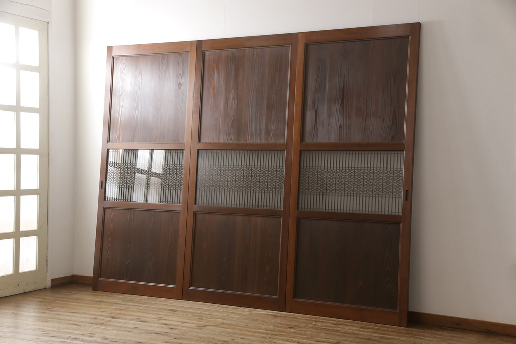 ラフジュ工房オリジナル　新古品　組子細工が上品なアクセントになる組子帯戸3枚セット(引き戸、ガラス帯戸、板戸、建具)(R-058862)