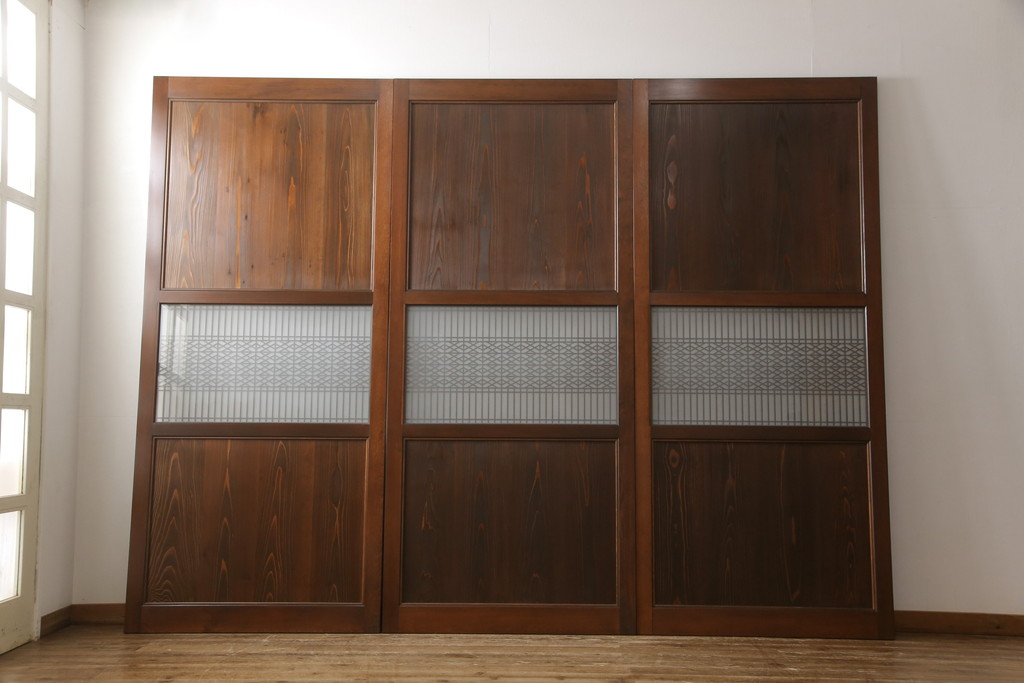 ラフジュ工房オリジナル　新古品　組子細工が上品なアクセントになる組子帯戸3枚セット(引き戸、ガラス帯戸、板戸、建具)(R-058862)