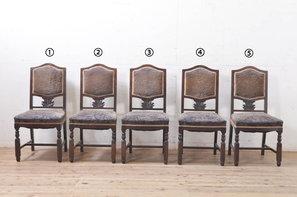 和製アンティーク　カバ(樺)材　大正ロマン　クラシカルな佇まいが魅力的な古い洋館のチェア5脚セット(ダイニングチェア、椅子、イス)(R-068628)
