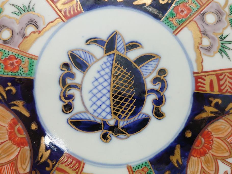 明治期　伊万里焼　錦手　金襴手　染錦　二重角富(角冨)　金彩　色絵　桃図　草花文　8.3寸皿　約25cm　煌びやかで豪華な絵付けの大皿2枚セット(深皿、和皿、和食器、八寸三分)(R-062557)