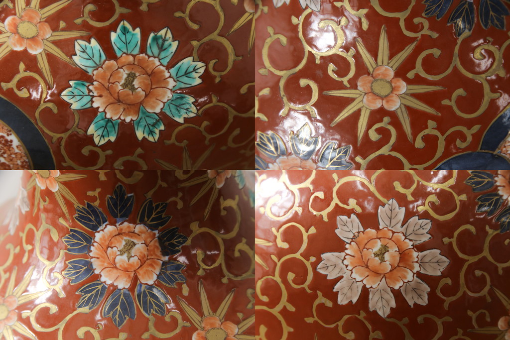 秀峰作　有田焼　色絵　大花瓶　高さ75cm　鮮やかな色彩の豪華な花瓶(陶器、金彩、花唐草、美人図、梅、桜、牡丹、フラワーベース、壺、つぼ、花器、花入れ、共箱付き)(R-077364)