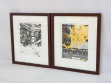 真作　橋本広喜　絵夢工房　サイン入り　墨彩画　色彩の濃淡が味わい深いリトグラフ2点セット(版画、風景画、版画、秋、冬、雪、銀杏、寺、壁掛け、額装)(R-077920)