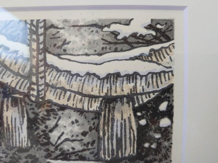 真作　橋本広喜　絵夢工房　サイン入り　墨彩画　色彩の濃淡が味わい深いリトグラフ2点セット(版画、風景画、版画、秋、冬、雪、銀杏、寺、壁掛け、額装)(R-077920)