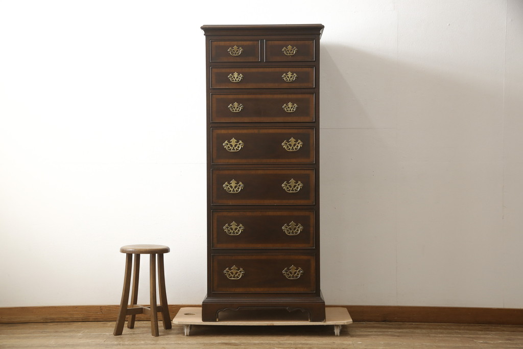 中古　美品　DREXEL HERITAGE(ドレクセルヘリテイジ)　シックな色合いがクラシカルな雰囲気を醸し出す縦型チェスト(ランジェリーチェスト、引き出し)(R-059065)