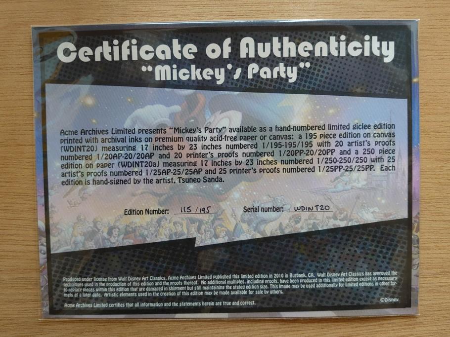 真作　三田恒夫　TSUNEO SANDA　ディズニー　「Mickey’s　Party」　限定115/195　WDINT20　ミッキーと仲間たちの賑やかな雰囲気が伝わってくる版画(ジクレー、ジークレー、印刷、額付き、外箱付き)(R-077924)