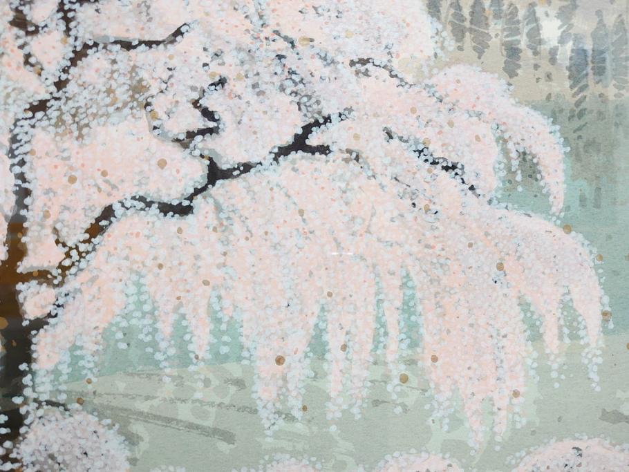 真作　2002年　橋本広喜　絵夢工房　「滝桜」　3/70　サイン入り　墨彩画　春の息吹を感じさせる満開の桜が美しいリトグラフ(版画、額付き、外箱付き)(R-077925)