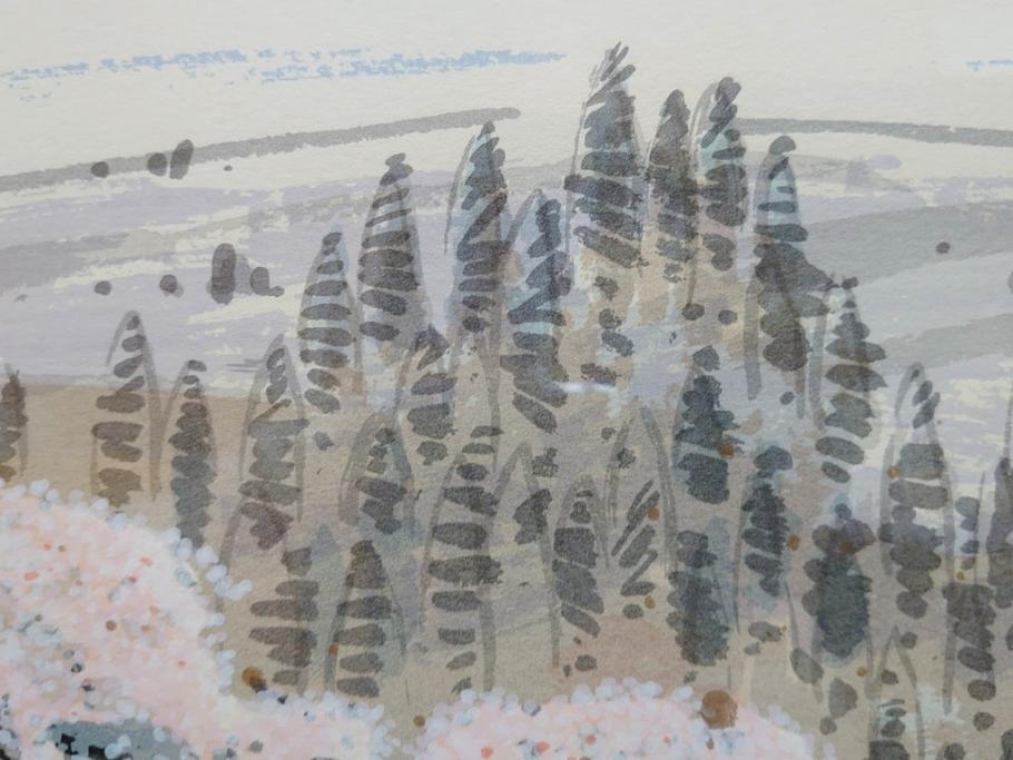 真作　2002年　橋本広喜　絵夢工房　「滝桜」　3/70　サイン入り　墨彩画　春の息吹を感じさせる満開の桜が美しいリトグラフ(版画、額付き、外箱付き)(R-077925)