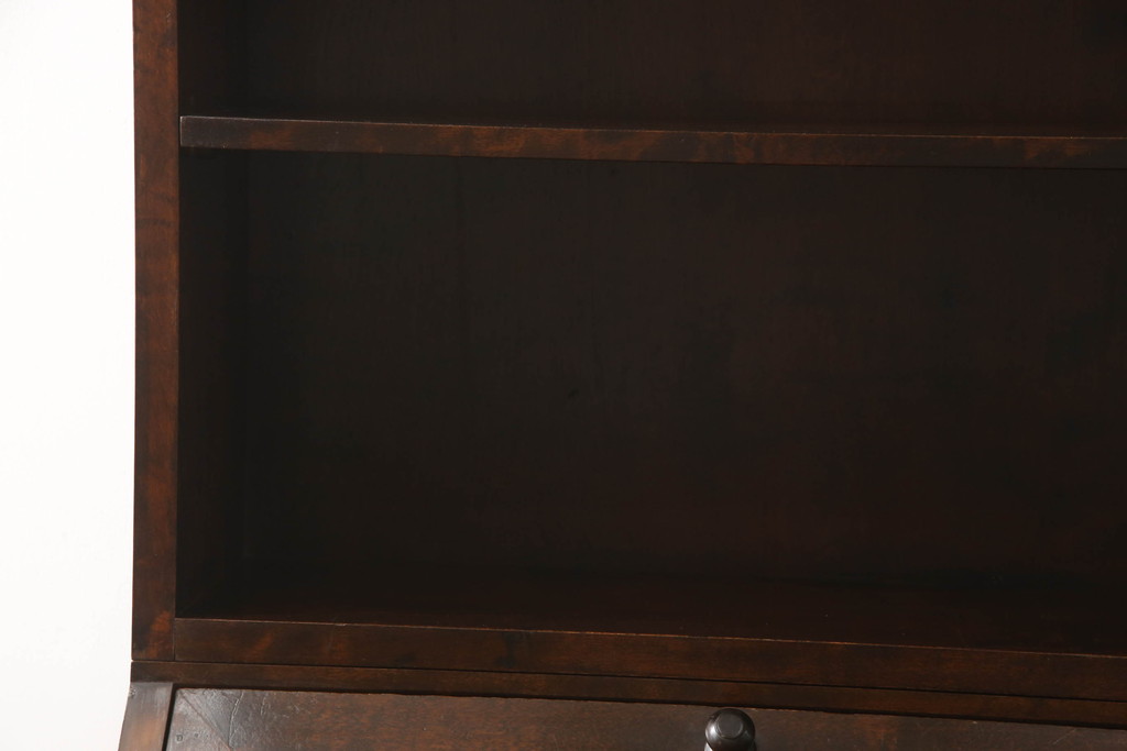 和製ビンテージ　北海道民芸家具　絶版品　収納に便利な本棚付き!!シックなライティングビューロー(簿記机、引き出し、ブックシェルフ、本棚、飾り棚、収納棚、ワークデスク、在宅ワーク、在宅用、ヴィンテージ) (R-062162)