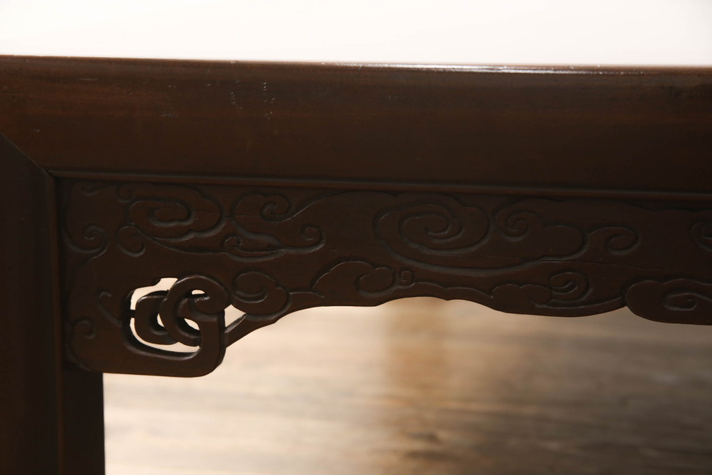 和製アンティーク　時代物　天板玉杢　細やかな彫刻が目を引く座卓(ローテーブル、センターテーブル)(R-056125)