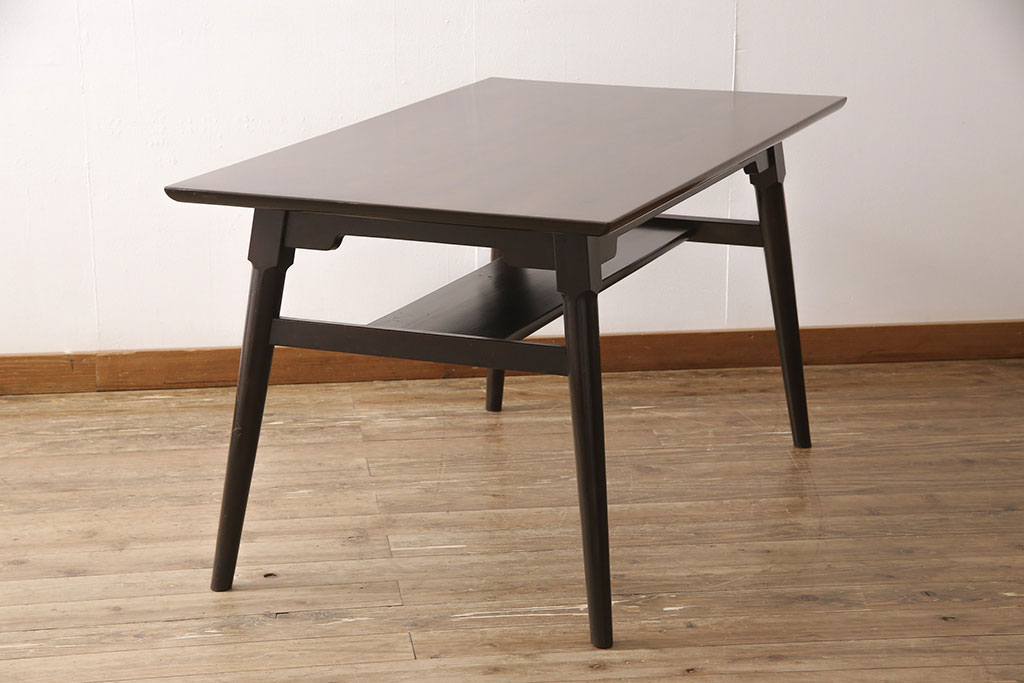 ビンテージ家具　松本民芸家具　落ち着きのある上品さが魅力的な棚付きダイニングテーブル(食卓、2人掛け、4人掛け、ヴィンテージ)(R-053211)