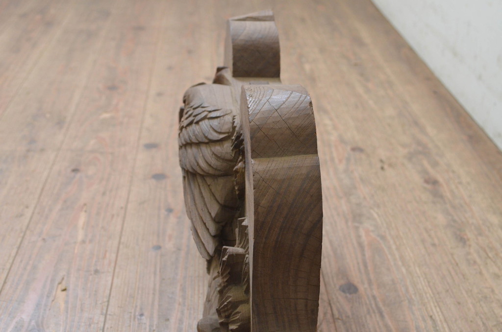 和製アンティーク　総欅(ケヤキ)材　立体的な彫刻が素晴らしい古い寺社仏閣の蟇股(かえるまた、欄間、山車、だんぢり、ディスプレイ、置物)(R-069390)