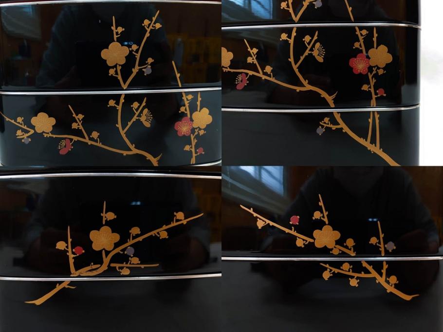 玉峰作　「梅花」　上品な梅の蒔絵が美しい御重箱&重台(木製、三段重箱、漆器、お重、共箱付き)(R-077753)