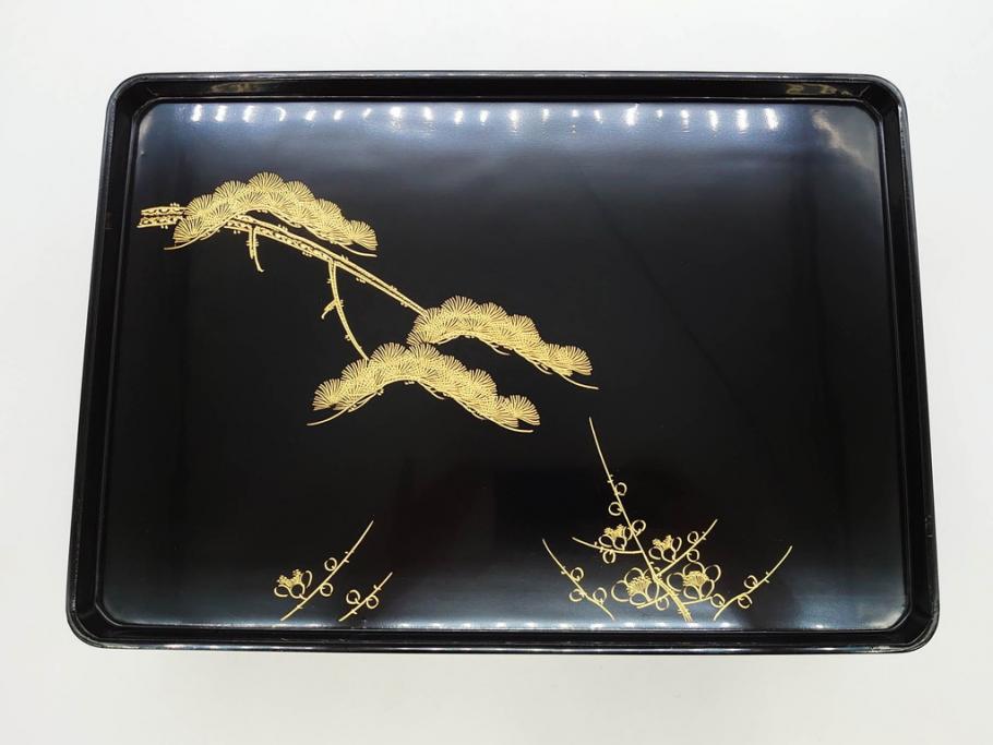龍玉作　松竹梅の沈金彫が見事な御屠蘇器(鈴木孫次、蒔絵、漆器、木製、盃、杯、銚子、おとそ)(R-077755)