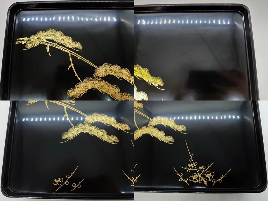 龍玉作　松竹梅の沈金彫が見事な御屠蘇器(鈴木孫次、蒔絵、漆器、木製、盃、杯、銚子、おとそ)(R-077755)