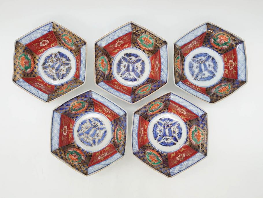 幕末〜明治　伊万里焼　4.1寸　約13cm　金襴手が見事な六角皿5枚セット(色絵、花文、裏印、深鉢、変形皿、小鉢、向付、器、四寸一分、和食器)(R-077385)