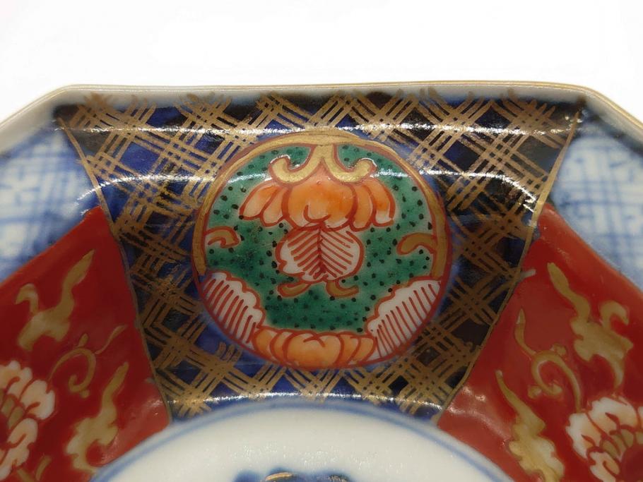 幕末〜明治　伊万里焼　4.1寸　約13cm　金襴手が見事な六角皿5枚セット(色絵、花文、裏印、深鉢、変形皿、小鉢、向付、器、四寸一分、和食器)(R-077385)
