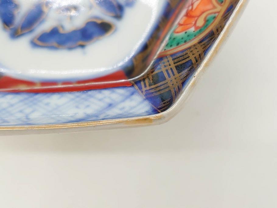 幕末〜明治　伊万里焼　4.1寸　約13cm　金襴手が見事な六角皿5枚セット(色絵、花文、裏印、深鉢、変形皿、小鉢、向付、器、四寸一分、和食器)(R-077385)