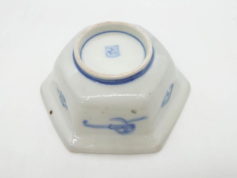 幕末〜明治　伊万里焼　4.1寸　約13cm　金襴手が見事な六角皿5枚セット(色絵、花文、裏印、深鉢、変形皿、小鉢、向付、器、四寸一分、和食器)(R-077385)