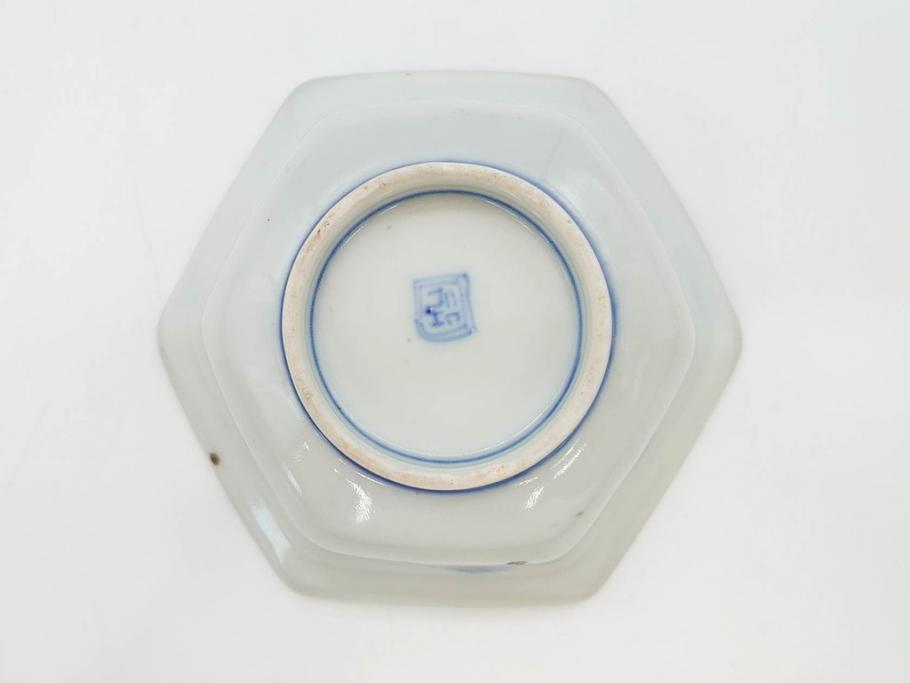 幕末〜明治　伊万里焼　4.1寸　約13cm　金襴手が見事な六角皿5枚セット(色絵、花文、裏印、深鉢、変形皿、小鉢、向付、器、四寸一分、和食器)(R-077385)
