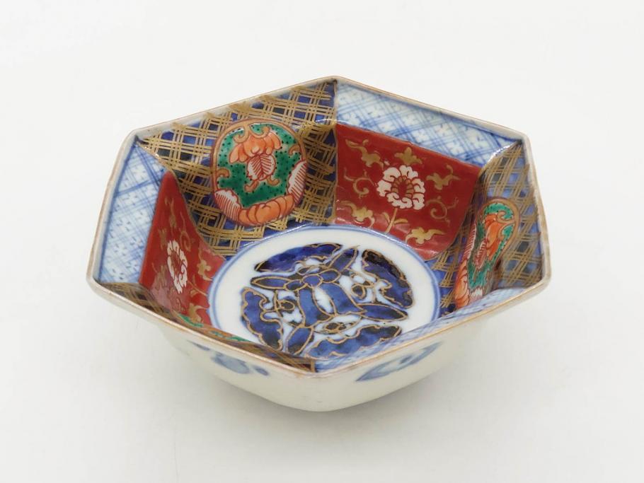幕末〜明治　伊万里焼　4.1寸　約13cm　金襴手が見事な六角皿5枚セット(色絵、花文、裏印、深鉢、変形皿、小鉢、向付、器、四寸一分、和食器)(R-077385)