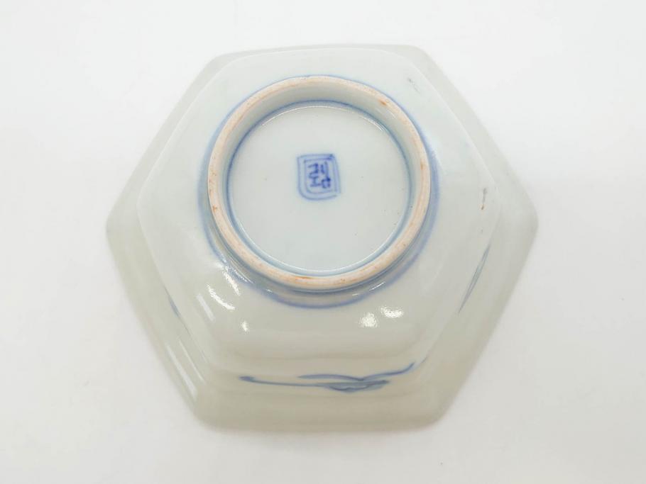 幕末〜明治　伊万里焼　4.1寸　約13cm　金襴手が見事な六角皿5枚セット(色絵、花文、裏印、深鉢、変形皿、小鉢、向付、器、四寸一分、和食器)(R-077385)