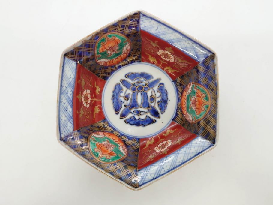 幕末〜明治　伊万里焼　4.1寸　約13cm　金襴手が見事な六角皿5枚セット(色絵、花文、裏印、深鉢、変形皿、小鉢、向付、器、四寸一分、和食器)(R-077385)