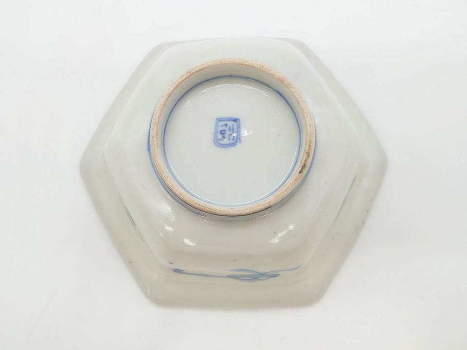 幕末〜明治　伊万里焼　4.1寸　約13cm　金襴手が見事な六角皿5枚セット(色絵、花文、裏印、深鉢、変形皿、小鉢、向付、器、四寸一分、和食器)(R-077385)