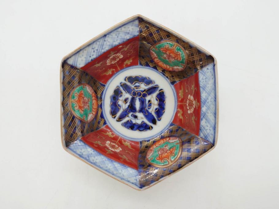 幕末〜明治　伊万里焼　4.1寸　約13cm　金襴手が見事な六角皿5枚セット(色絵、花文、裏印、深鉢、変形皿、小鉢、向付、器、四寸一分、和食器)(R-077385)