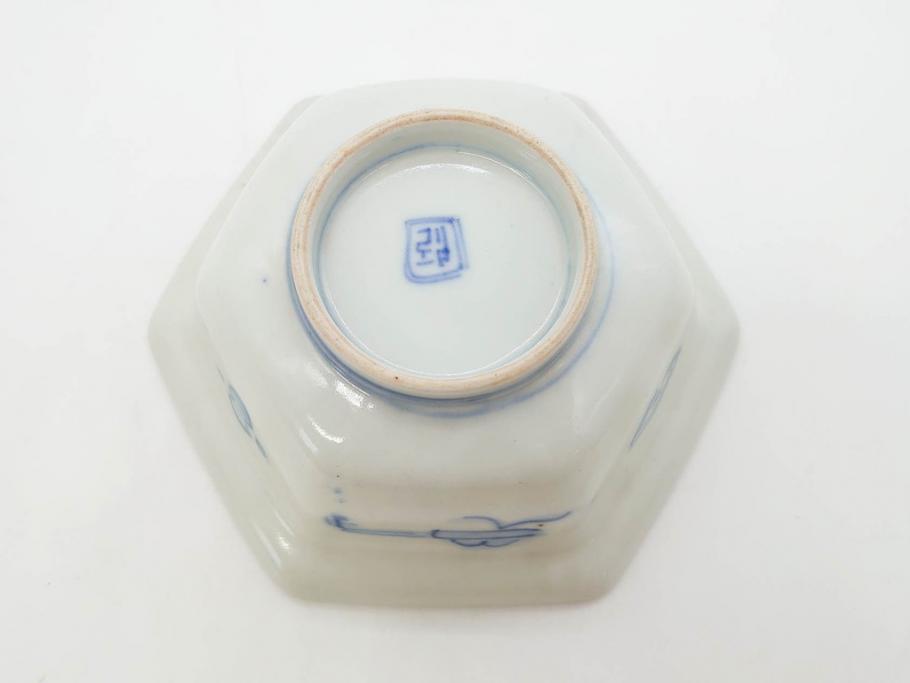 幕末〜明治　伊万里焼　4.1寸　約13cm　金襴手が見事な六角皿5枚セット(色絵、花文、裏印、深鉢、変形皿、小鉢、向付、器、四寸一分、和食器)(R-077385)