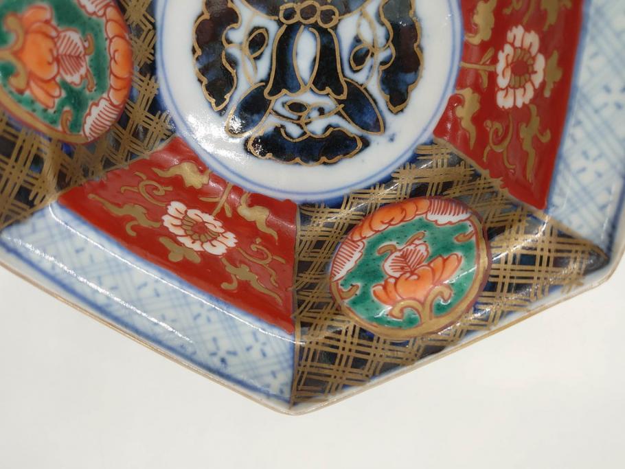 幕末〜明治 伊万里焼 4.1寸 約13cm 金襴手が見事な六角皿5枚