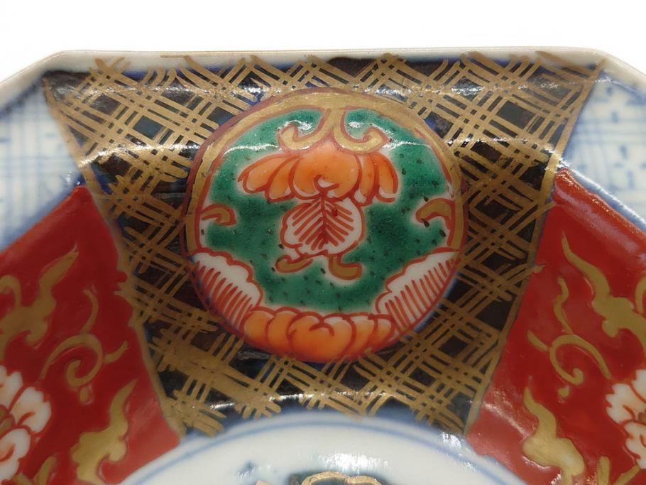 幕末〜明治　伊万里焼　4.1寸　約13cm　金襴手が見事な六角皿5枚セット(色絵、花文、裏印、深鉢、変形皿、小鉢、向付、器、四寸一分、和食器)(R-077386)