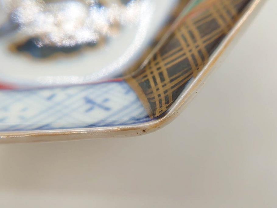 幕末〜明治　伊万里焼　4.1寸　約13cm　金襴手が見事な六角皿5枚セット(色絵、花文、裏印、深鉢、変形皿、小鉢、向付、器、四寸一分、和食器)(R-077386)