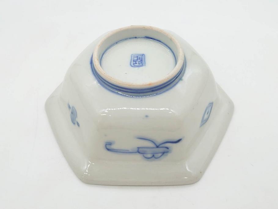 幕末〜明治　伊万里焼　4.1寸　約13cm　金襴手が見事な六角皿5枚セット(色絵、花文、裏印、深鉢、変形皿、小鉢、向付、器、四寸一分、和食器)(R-077386)