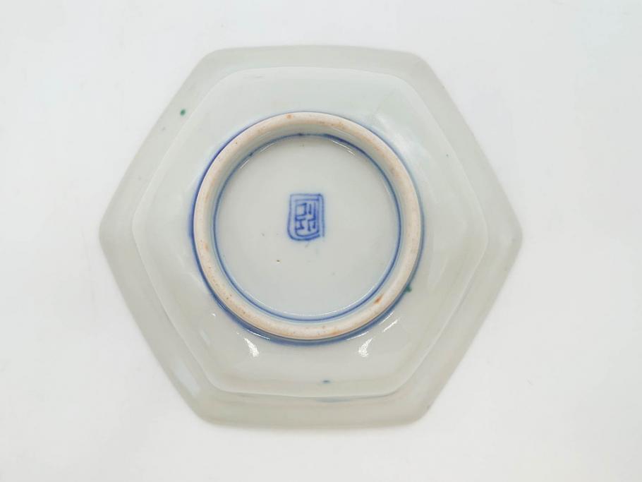 幕末〜明治　伊万里焼　4.1寸　約13cm　金襴手が見事な六角皿5枚セット(色絵、花文、裏印、深鉢、変形皿、小鉢、向付、器、四寸一分、和食器)(R-077386)