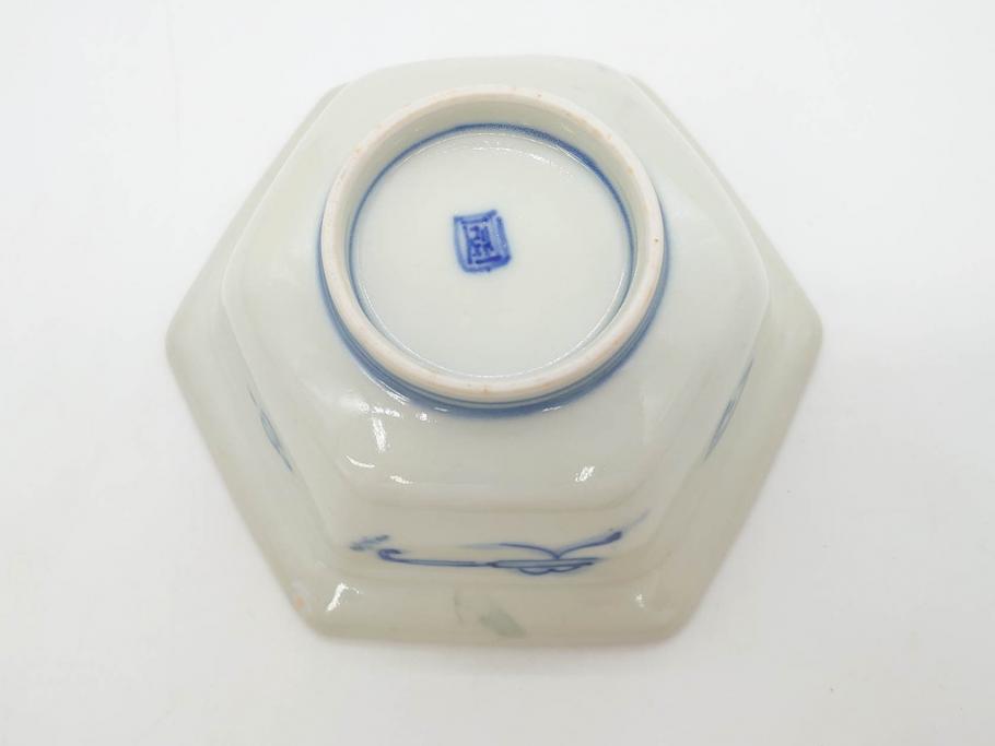 幕末〜明治　伊万里焼　4.1寸　約13cm　金襴手が見事な六角皿5枚セット(色絵、花文、裏印、深鉢、変形皿、小鉢、向付、器、四寸一分、和食器)(R-077386)