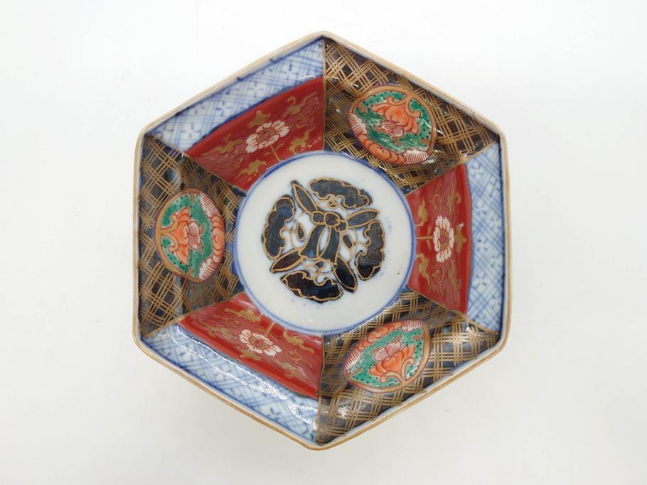 幕末〜明治　伊万里焼　4.1寸　約13cm　金襴手が見事な六角皿5枚セット(色絵、花文、裏印、深鉢、変形皿、小鉢、向付、器、四寸一分、和食器)(R-077386)