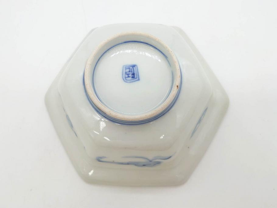 幕末〜明治　伊万里焼　4.1寸　約13cm　金襴手が見事な六角皿5枚セット(色絵、花文、裏印、深鉢、変形皿、小鉢、向付、器、四寸一分、和食器)(R-077386)