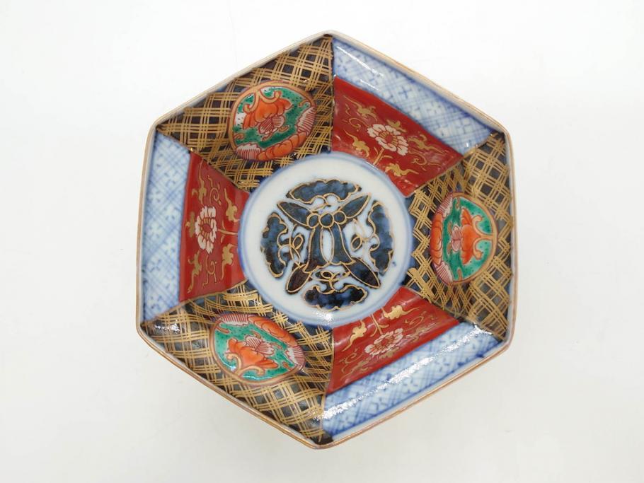 幕末〜明治　伊万里焼　4.1寸　約13cm　金襴手が見事な六角皿5枚セット(色絵、花文、裏印、深鉢、変形皿、小鉢、向付、器、四寸一分、和食器)(R-077386)