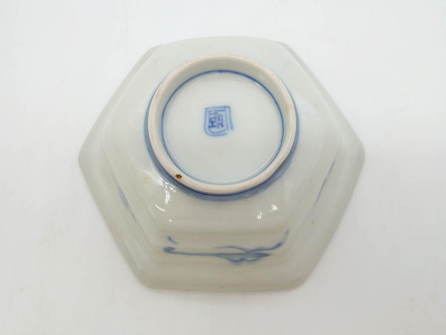 幕末〜明治　伊万里焼　4.1寸　約13cm　金襴手が見事な六角皿5枚セット(色絵、花文、裏印、深鉢、変形皿、小鉢、向付、器、四寸一分、和食器)(R-077386)