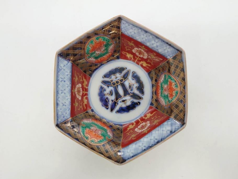 幕末〜明治　伊万里焼　4.1寸　約13cm　金襴手が見事な六角皿5枚セット(色絵、花文、裏印、深鉢、変形皿、小鉢、向付、器、四寸一分、和食器)(R-077386)