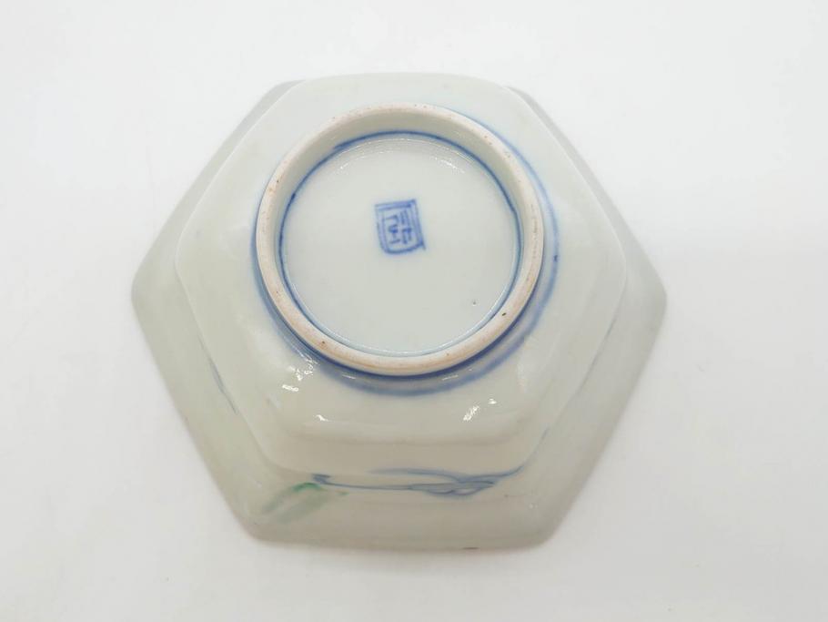 幕末〜明治　伊万里焼　4.1寸　約13cm　金襴手が見事な六角皿5枚セット(色絵、花文、裏印、深鉢、変形皿、小鉢、向付、器、四寸一分、和食器)(R-077386)
